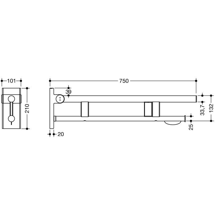HEWI System 900 mobiler Stützklappgriff Duo Design A mit WC-Papierhalter und Spülauslösung (Funk), rechts 75 cm