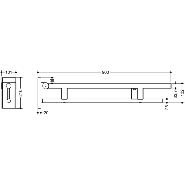 HEWI System 900 mobiler Stützklappgriff Duo Design A mit Spülauslösung (Funk), links 90 cm