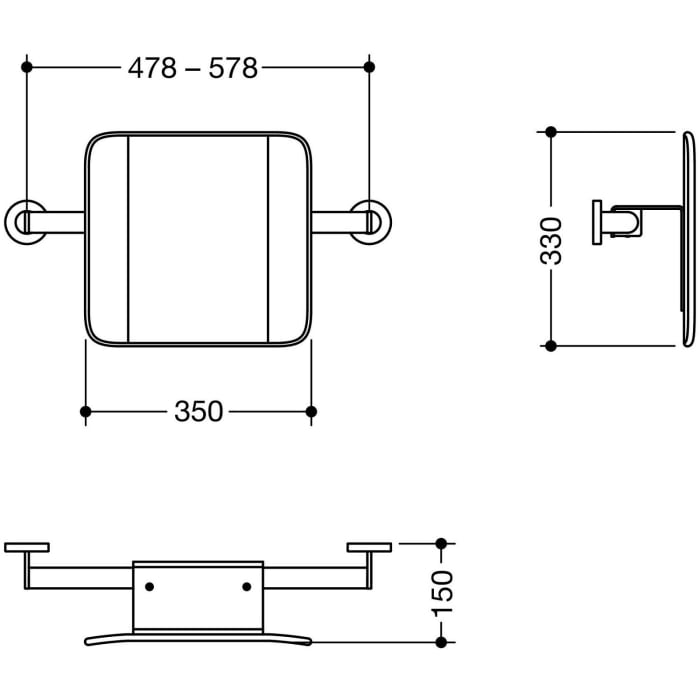 HEWI System 900 Rückenstütze Design A und B, Achsmaß 47,5 bis 57,8 cm