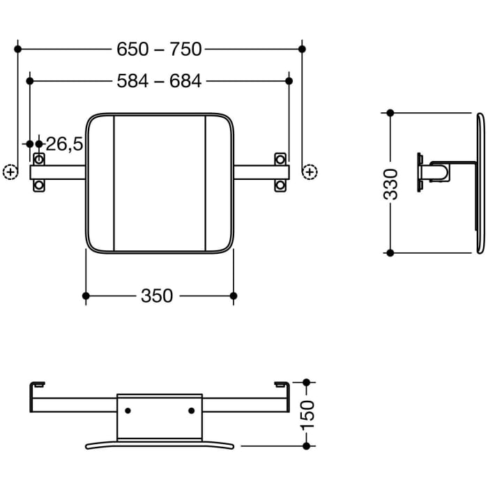 HEWI System 900 Rückenstütze Design B, Achsmaß 58,4 bis 68,4 cm
