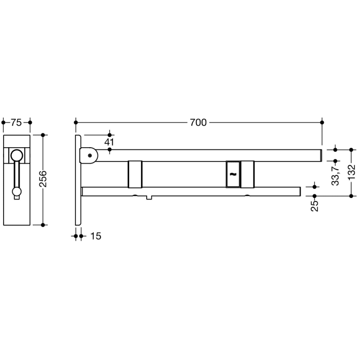 HEWI System 900 Stützklappgriff Duo Design B mit Spülauslösung (E-Ausführung), links 70 cm
