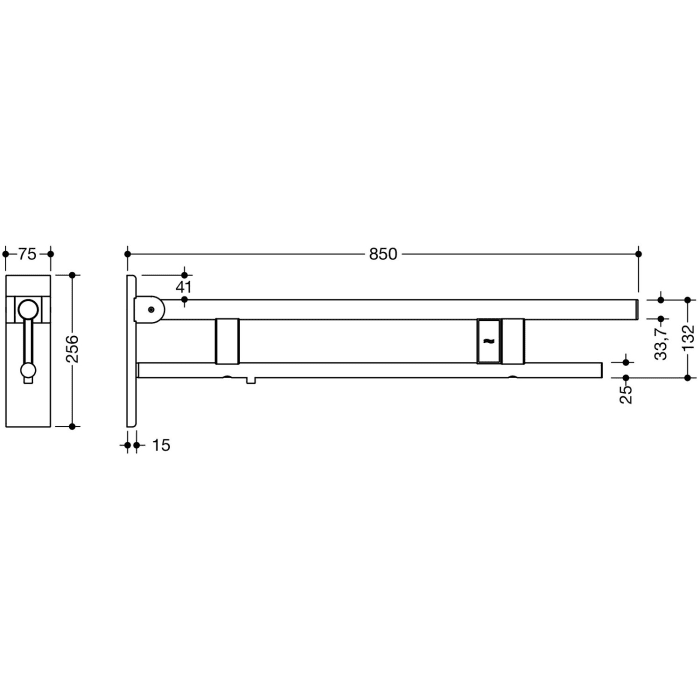 HEWI System 900 Stützklappgriff Duo Design B mit Spülauslösung (E-Ausführung), links 85 cm