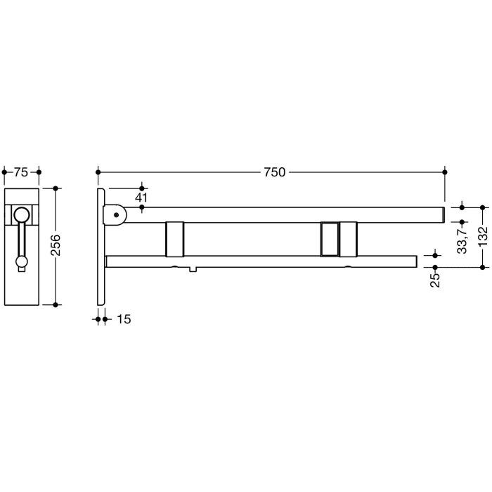 HEWI System 900 Stützklappgriff Duo Design B mit Spülauslösung (E-Ausführung), rechts 75 cm