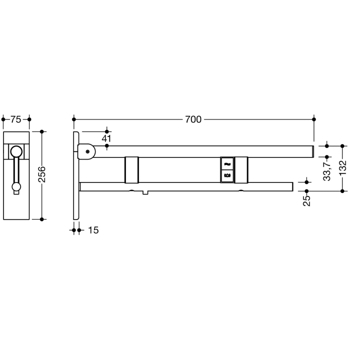 HEWI System 900 Stützklappgriff Duo Design B mit 2 Funktionstasten (E-Ausführung), links 70 cm