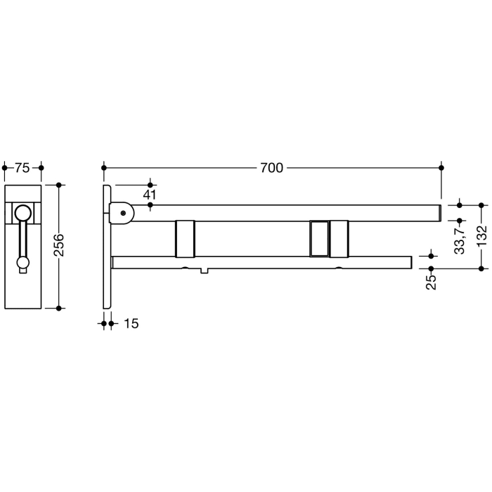 HEWI System 900 Stützklappgriff Duo Design B mit 2 Funktionstasten (E-Ausführung), rechts 70 cm