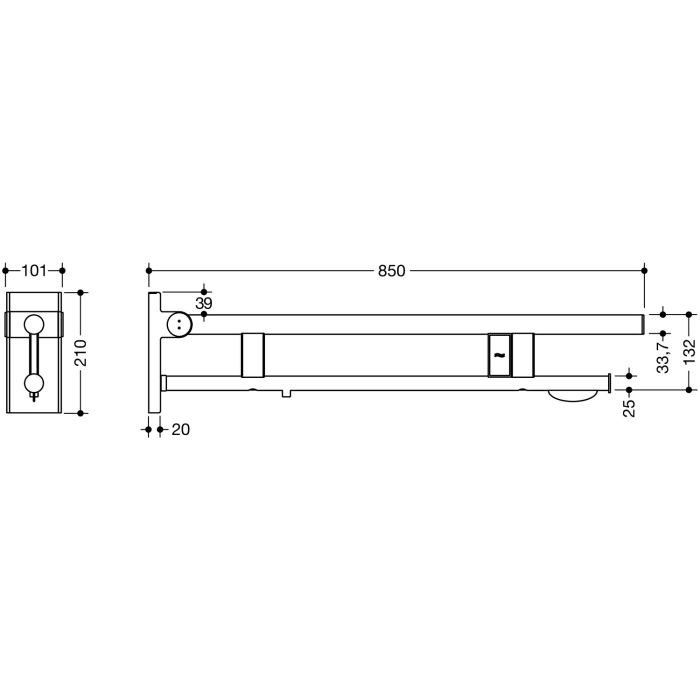 HEWI System 900 Stützklappgriff Duo Design A mit WC-Papierhalter und Spülauslösung (E-Ausfhrg.), li. 85 cm