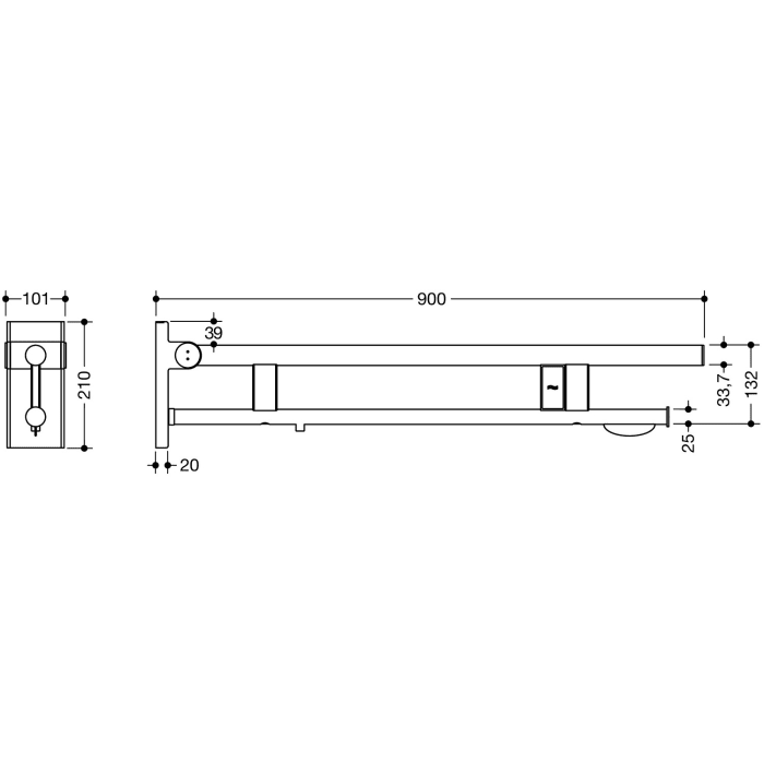 HEWI System 900 Stützklappgriff Duo Design A mit WC-Papierhalter und Spülauslösung (E-Ausfhrg.), li. 90 cm