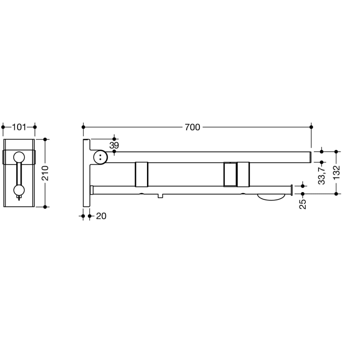 HEWI System 900 Stützklappgriff Duo Design A mit WC-Papierhalter und Spülauslösung (E-Ausfhrg.), re. 70 cm
