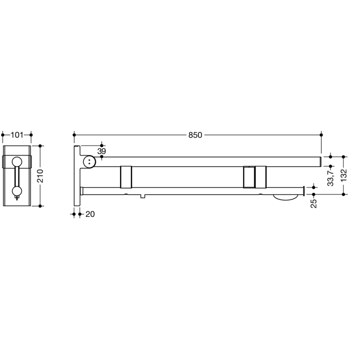 HEWI System 900 Stützklappgriff Duo Design A mit WC-Papierhalter und Spülauslösung (E-Ausfhrg.), re. 85 cm