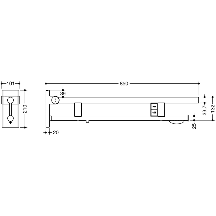 HEWI System 900 Stützklappgriff Duo Design A mit 2 Funktionstasten (E-Ausfhrg.)+ WC-Papierh., li. 85 cm