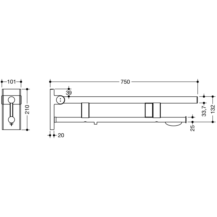 HEWI System 900 Stützklappgriff Duo Design A mit 2 Funktionstasten (E-Ausfhrg.)+ WC-Papierh., re. 75 cm