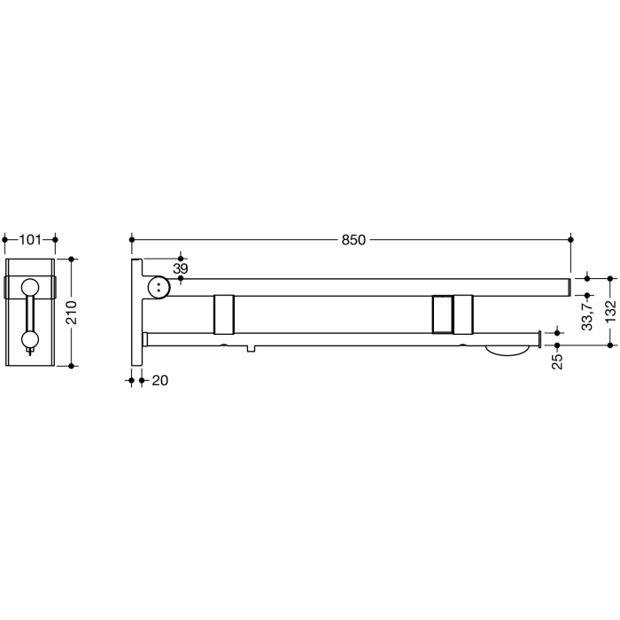 HEWI System 900 Stützklappgriff Duo Design A mit 2 Funktionstasten (E-Ausfhrg.)+ WC-Papierh., re. 85 cm