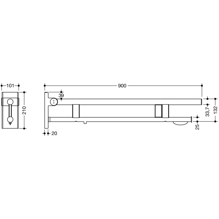 HEWI System 900 Stützklappgriff Duo Design A mit 2 Funktionstasten (E-Ausfhrg.)+ WC-Papierh., re. 90 cm