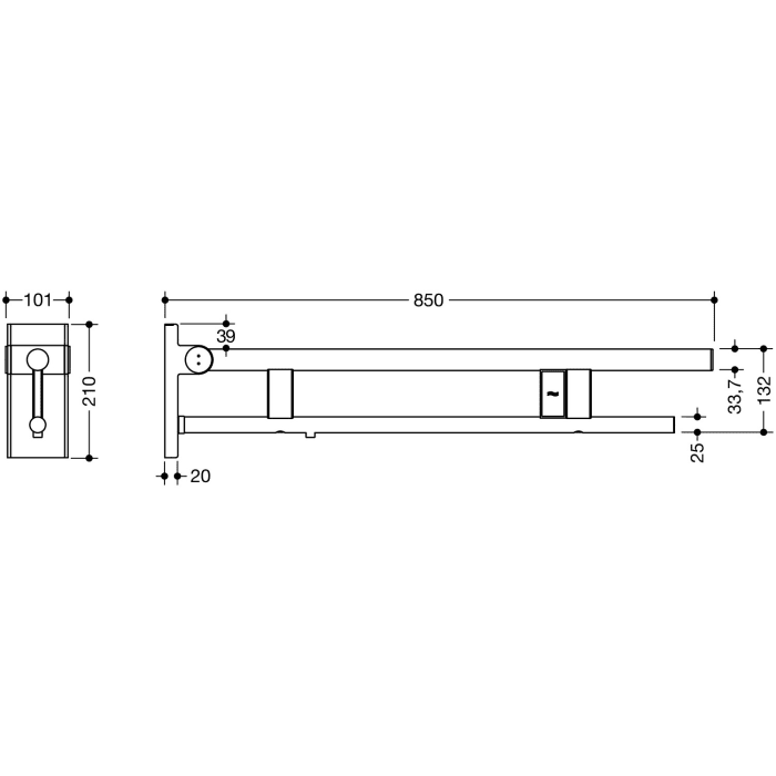 HEWI System 900 Stützklappgriff Duo Design A mit Spülauslösung (E-Ausführung), links 85 cm