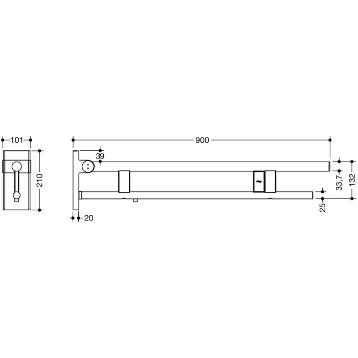 HEWI System 900 Stützklappgriff Duo Design A mit Spülauslösung (E-Ausführung), links 90 cm