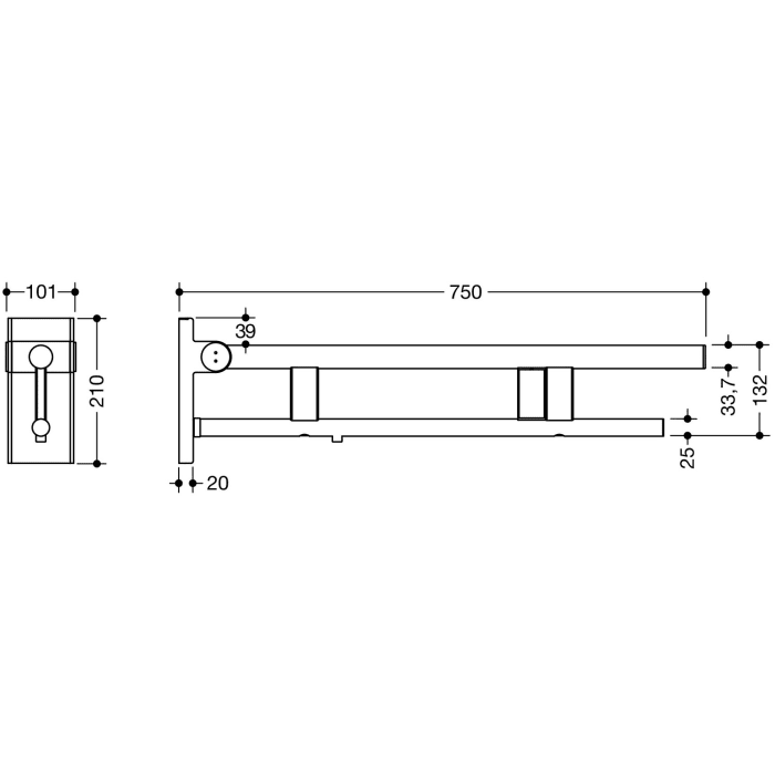 HEWI System 900 Stützklappgriff Duo Design A mit Spülauslösung (E-Ausführung), rechts 75 cm