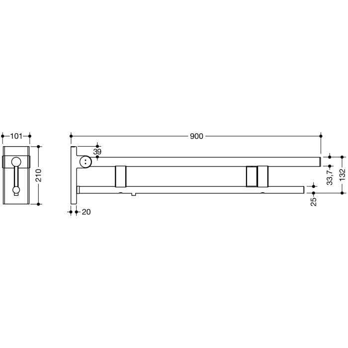 HEWI System 900 Stützklappgriff Duo Design A mit Spülauslösung (E-Ausführung), rechts 90 cm