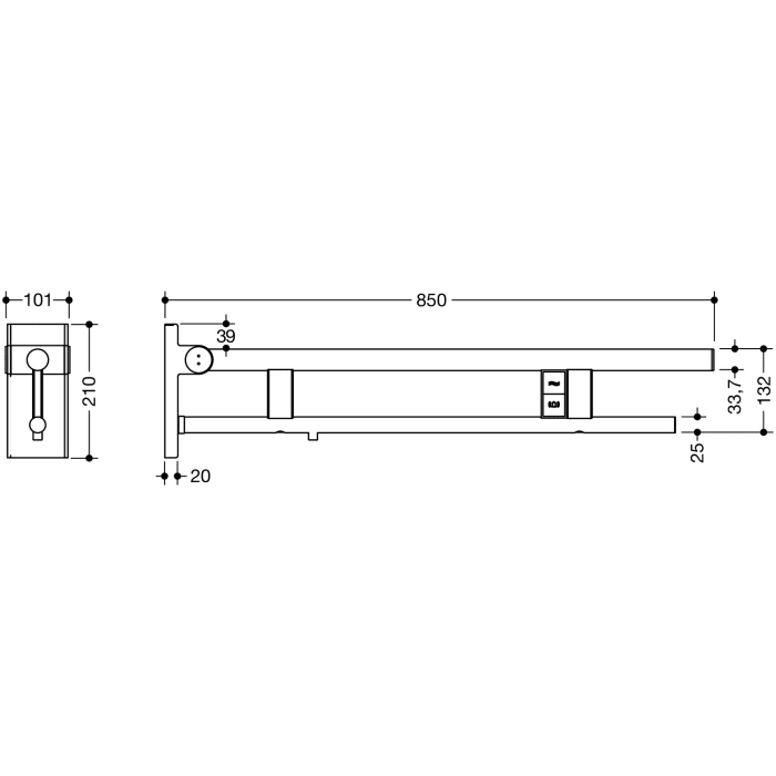 HEWI System 900 Stützklappgriff Duo Design A mit 2 Funktionstasten (E-Ausführung), links 85 cm