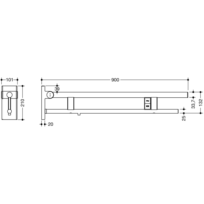 HEWI System 900 Stützklappgriff Duo Design A mit 2 Funktionstasten (E-Ausführung), links 90 cm