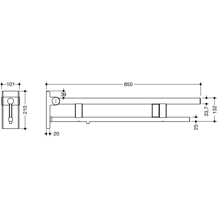 HEWI System 900 Stützklappgriff Duo Design A mit 2 Funktionstasten (E-Ausführung), rechts 85 cm