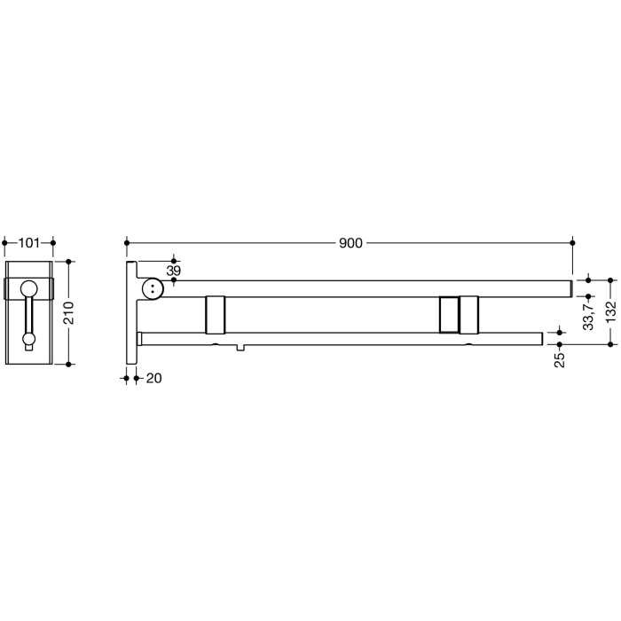 HEWI System 900 Stützklappgriff Duo Design A mit 2 Funktionstasten (E-Ausführung), rechts 90 cm