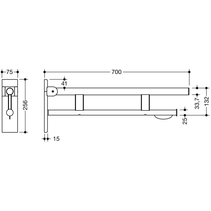 HEWI System 900 Stützklappgriff Duo Design B mit WC-Papierhalter, 70 cm