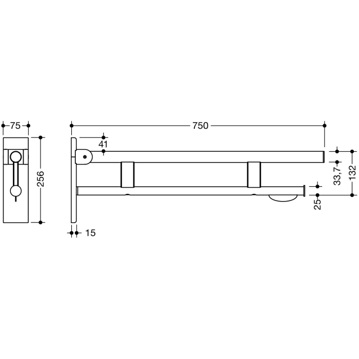 HEWI System 900 Stützklappgriff Duo Design B mit WC-Papierhalter, 75 cm