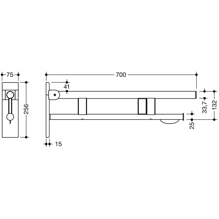 HEWI System 900 Stützklappgriff Duo Design B mit WC-Papierhalter und Spülauslösung (Funk), re. 70 cm