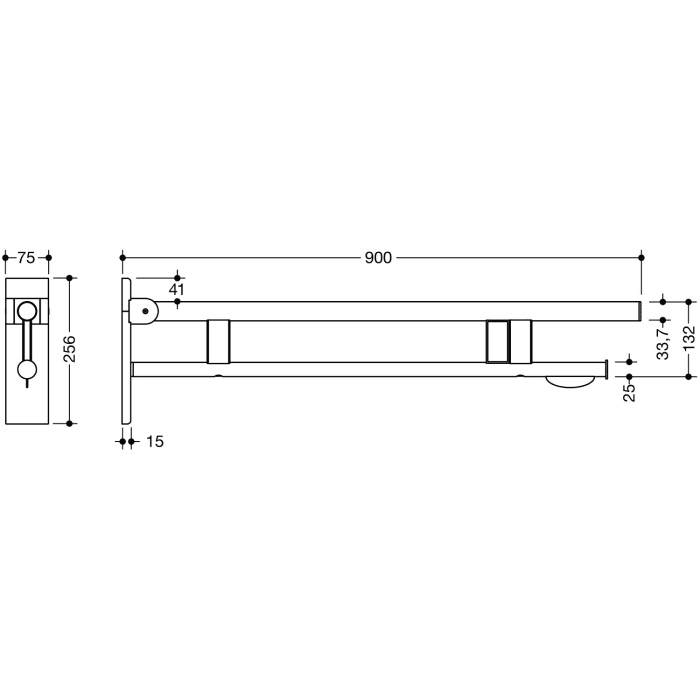 HEWI System 900 Stützklappgriff Duo Design B mit WC-Papierhalter und Spülauslösung (Funk), re. 90 cm