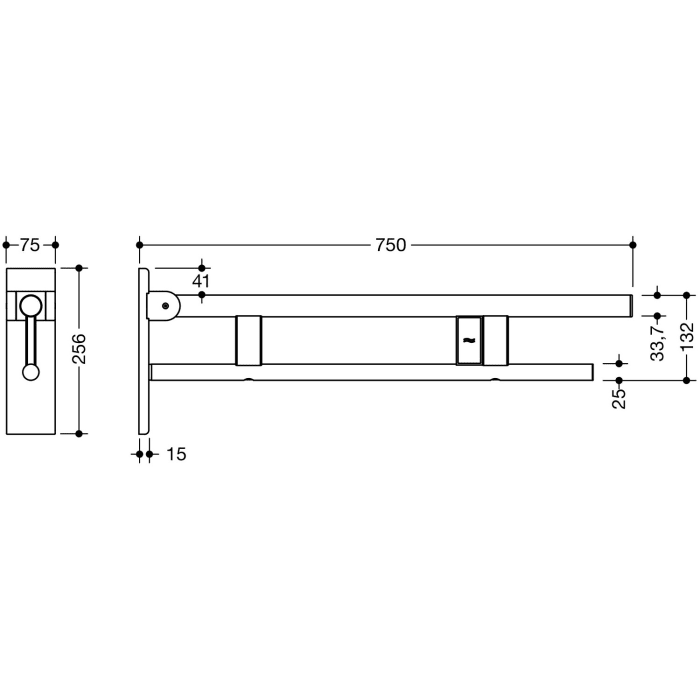 HEWI System 900 Stützklappgriff Duo Design B mit Spülauslösung (Funk), links 75 cm