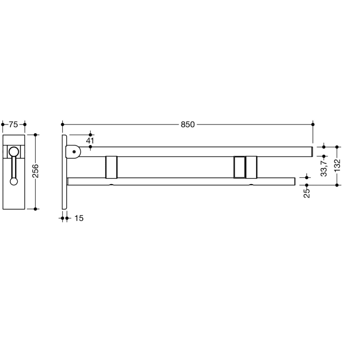 HEWI System 900 Stützklappgriff Duo Design B mit Spülauslösung (Funk), rechts 85 cm