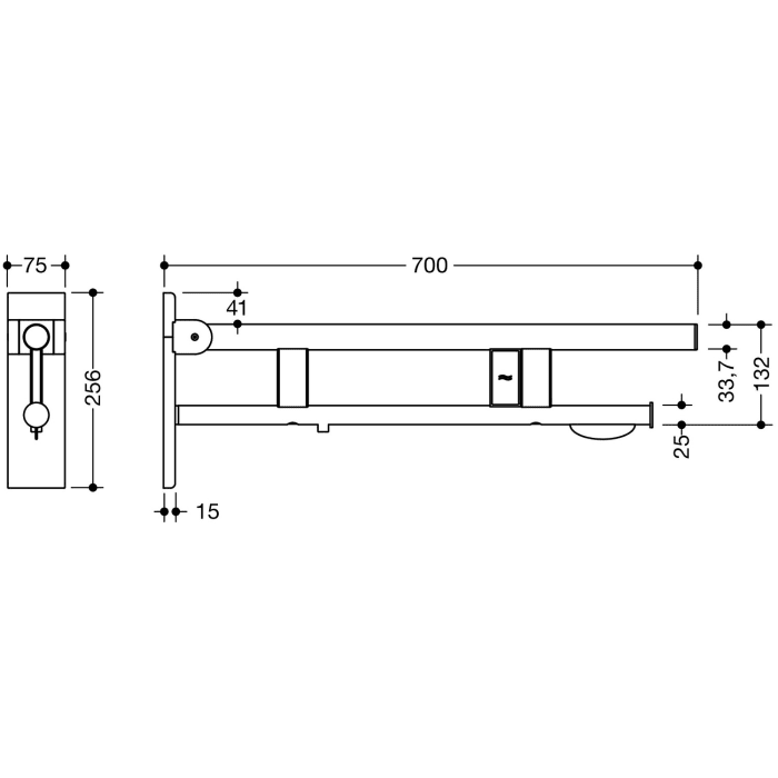 HEWI System 900 Stützklappgriff Duo Design B mit WC-Papierhalter und Spülauslösung (E-Ausfhrg.), li. 70 cm