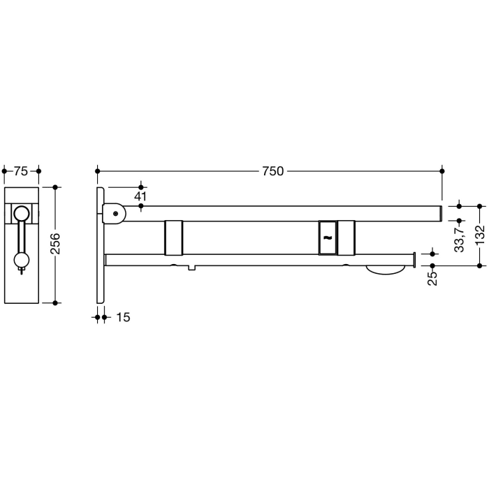 HEWI System 900 Stützklappgriff Duo Design B mit WC-Papierhalter und Spülauslösung (E-Ausfhrg.), li. 75 cm