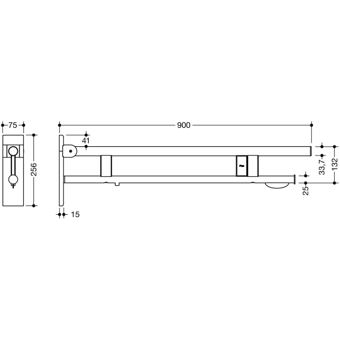 HEWI System 900 Stützklappgriff Duo Design B mit WC-Papierhalter und Spülauslösung (E-Ausfhrg.), li. 90 cm