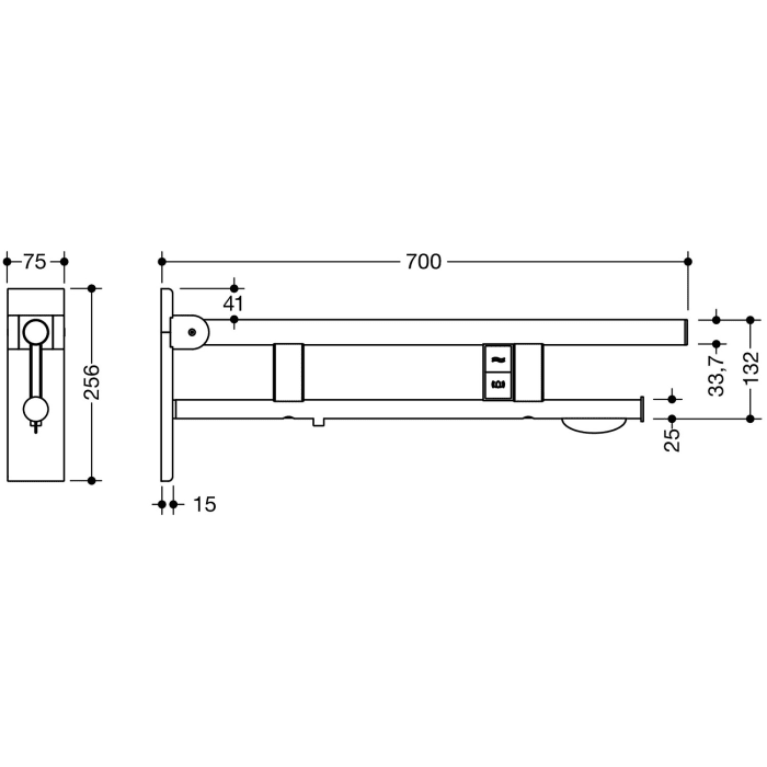 HEWI System 900 Stützklappgriff Duo Design B mit 2 Funktionstasten (E-Ausfhrg.)+ WC-Papierh., li. 70 cm