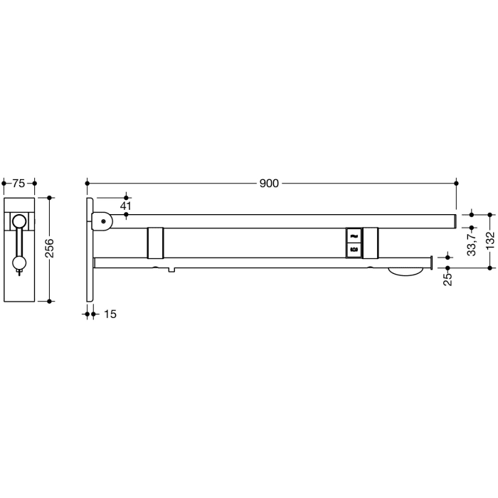 HEWI System 900 Stützklappgriff Duo Design B mit 2 Funktionstasten (E-Ausfhrg.)+ WC-Papierh., li. 90 cm