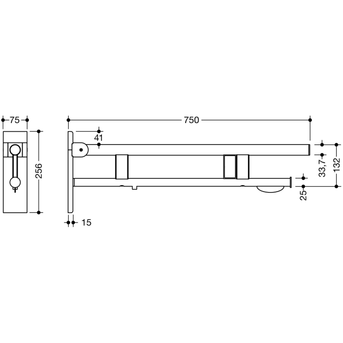 HEWI System 900 Stützklappgriff Duo Design B mit 2 Funktionstasten (E-Ausfhrg.)+ WC-Papierh., re. 75 cm