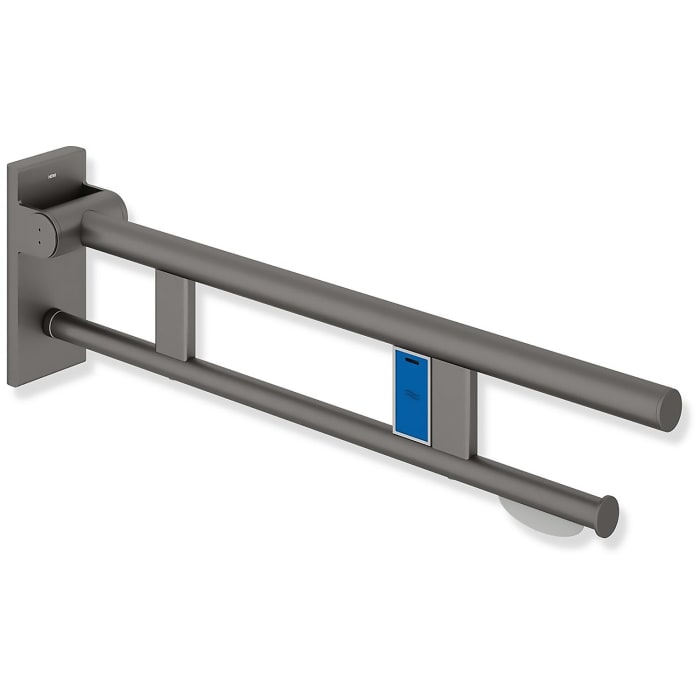 HEWI System 900 Stützklappgriff Duo Design A mit WC-Papierhalter und Spülauslösung (Funk), li. 70 cm