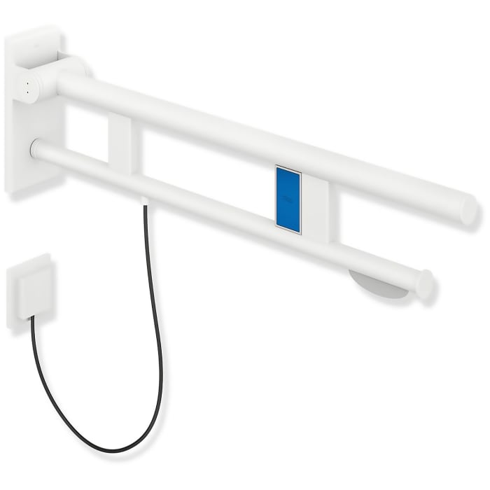 HEWI System 900 Stützklappgriff Duo Design A mit WC-Papierhalter und Spülauslösung (E-Ausfhrg.), li. 70 cm