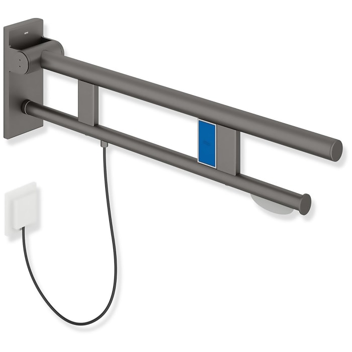 HEWI System 900 Stützklappgriff Duo Design A mit WC-Papierhalter und Spülauslösung (E-Ausfhrg.), li. 90 cm