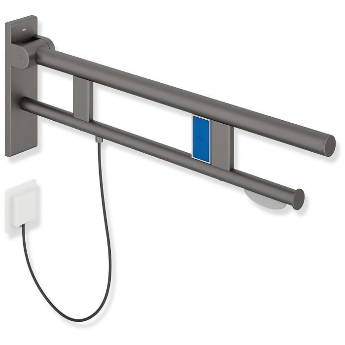 HEWI System 900 Stützklappgriff Duo Design B mit WC-Papierhalter und Spülauslösung (E-Ausfhrg.), li. 85 cm