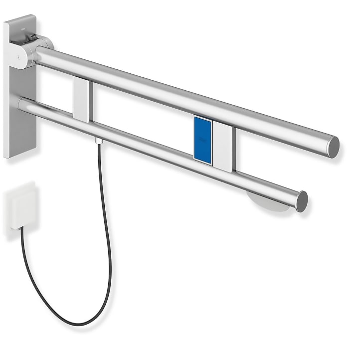 HEWI System 900 Stützklappgriff Duo Design B mit WC-Papierhalter und Spülauslösung (E-Ausfhrg.), re. 90 cm