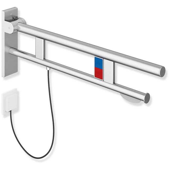 HEWI System 900 Stützklappgriff Duo Design B mit 2 Funktionstasten (E-Ausfhrg.)+ WC-Papierh., li. 75 cm