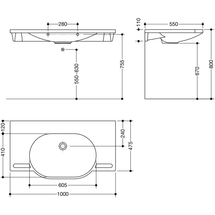 HEWI Universal Waschtisch 100 x 55 cm ohne Hahnloch, ohne Überlauf