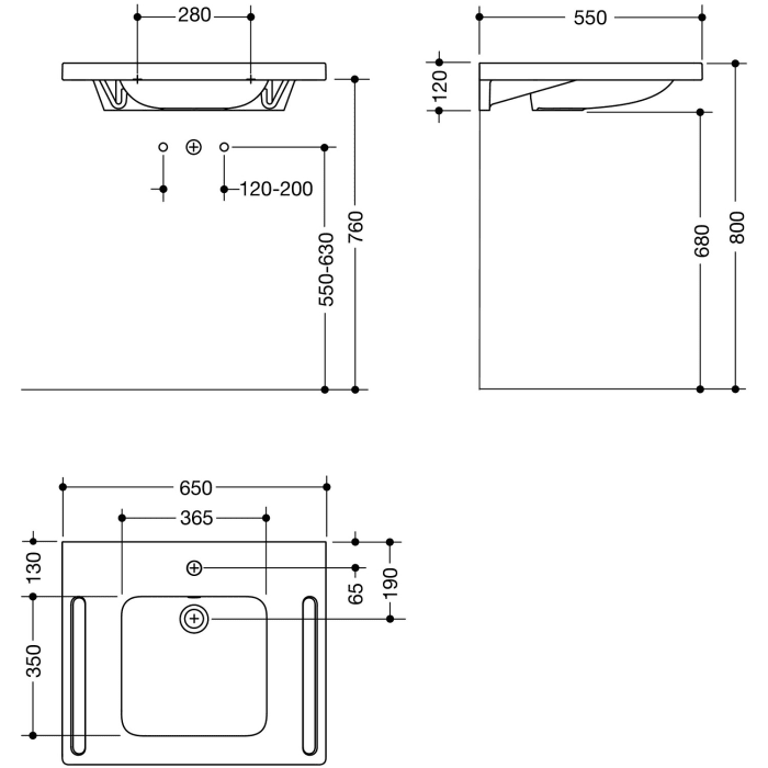HEWI Universal Waschtisch 65 x 55 cm mit 1 Hahnloch, mit Überlauf