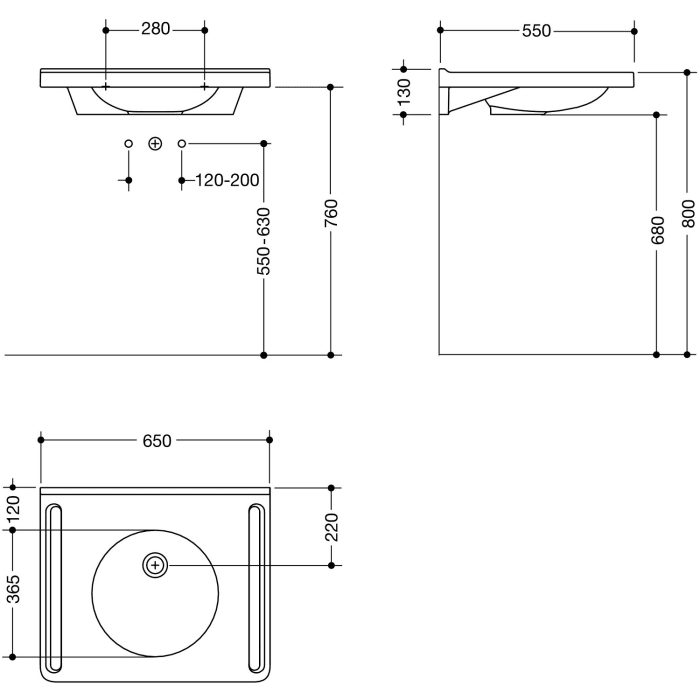 HEWI Universal Waschtisch 65 x 55 cm ohne Hahnloch, ohne Überlauf