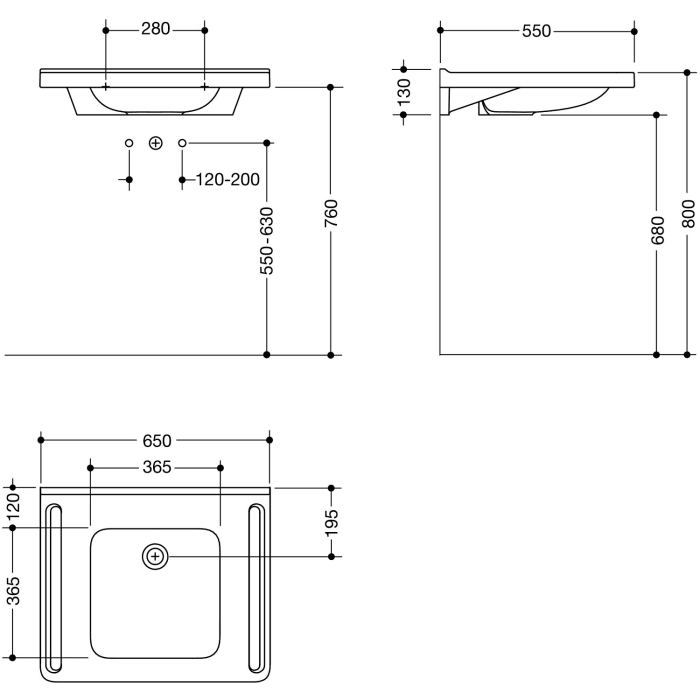 HEWI Universal Waschtisch 65 x 55 cm ohne Hahnloch, ohne Überlauf