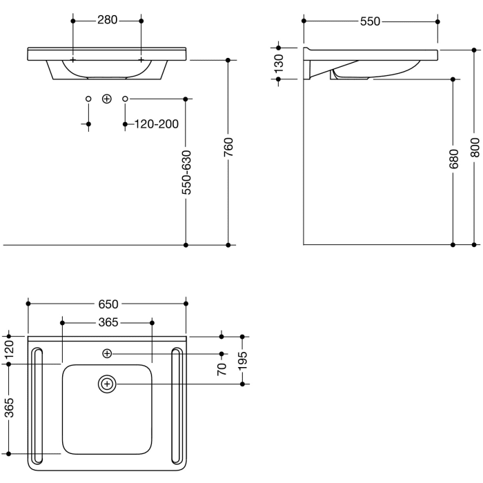 HEWI Universal Waschtisch 65 x 55 cm mit 1 Hahnloch, ohne Überlauf
