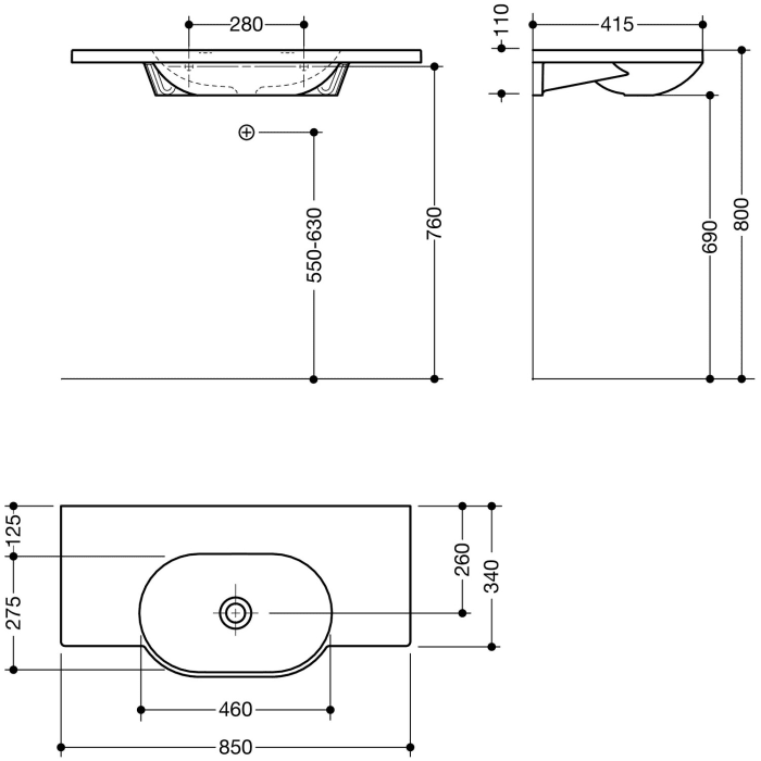 HEWI Universal Waschtisch 85 x 41,5 cm ohne Hahnloch, ohne Überlauf