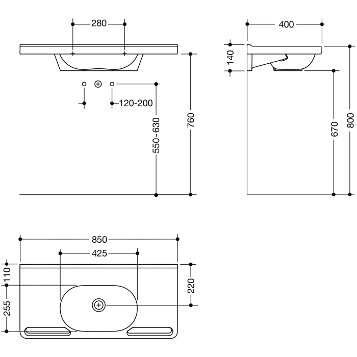 HEWI Universal Waschtisch 85 x 40 cm ohne Hahnloch, ohne Überlauf